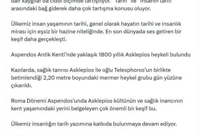 AK Parti'li Çelik'ten Aspendos'ta bulunan 'Asklepios' heykeline ilişkin paylaşım